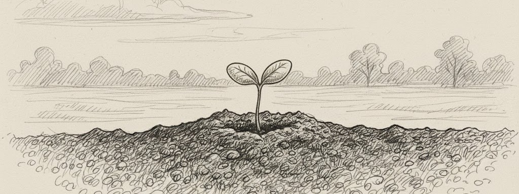 A seed just beginning to sprout from soil