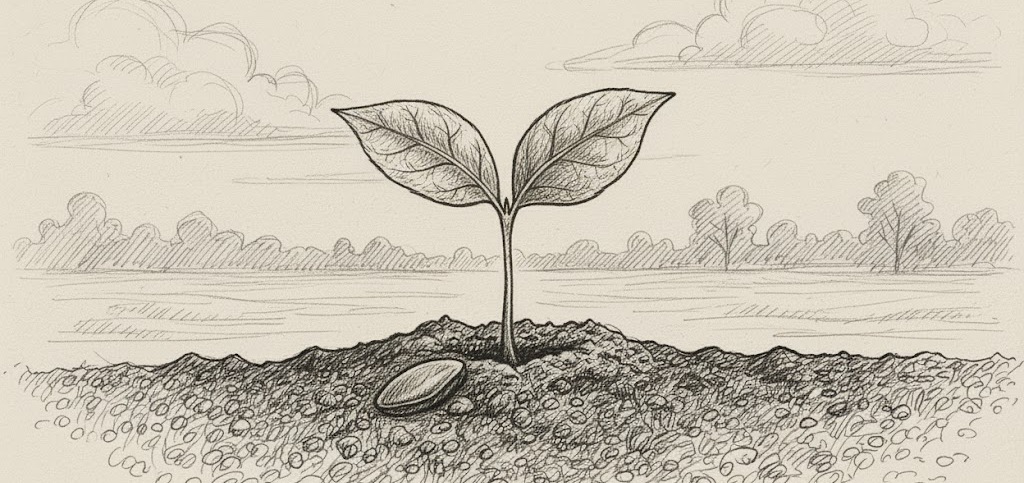 A young seedling with its first two leaves emerging